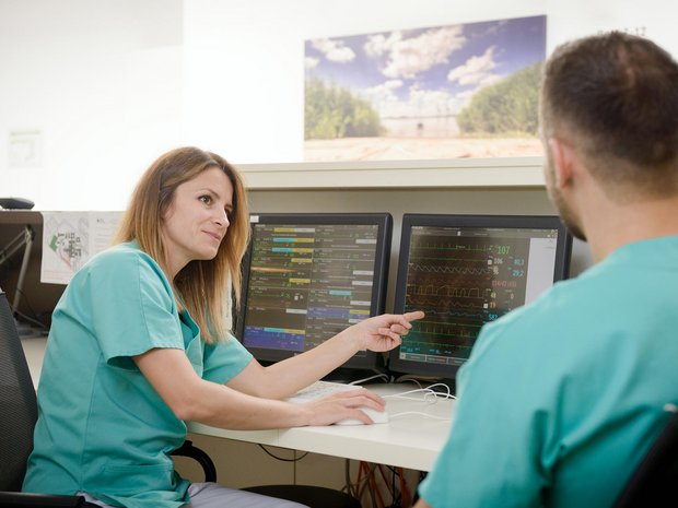 A female doctor showing something on a computer to male medical staff.
